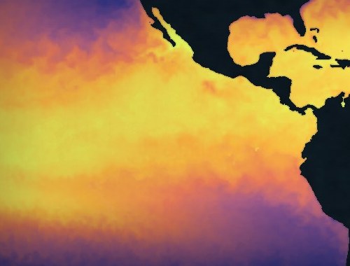 Map of sea-surface temperature across the tropical Pacific, warm water glowing orange and yellow along the equator.